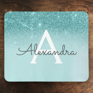 Girly Glam Aquamarin Blue Glitzer Monogram Ombre Mousepad