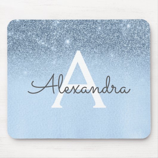 Girly Glam Baby Blue Sparkle Glitzer Monogram Mousepad (Vorne)