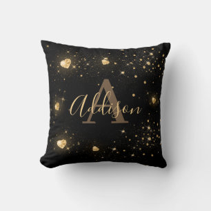 Girly Glam Black Gold Glitzer Monogram Kissen