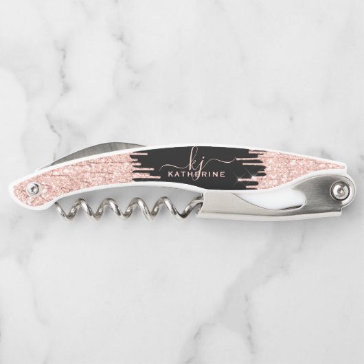 Girly Glam Black Rose Gold Glitzer Tropfens Monogr Kellnermesser (Rückseite)