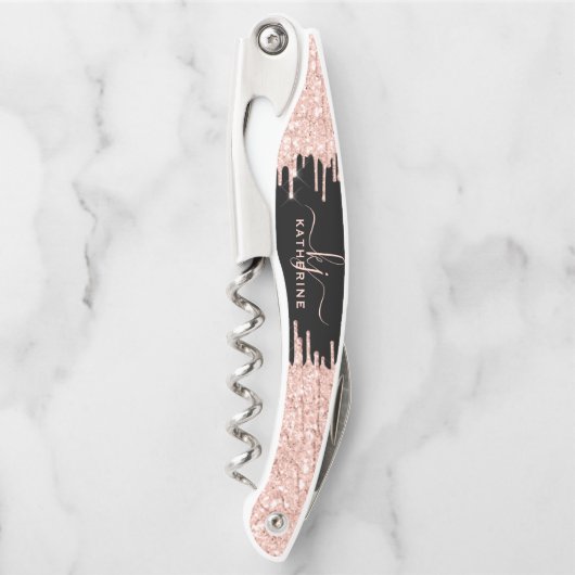 Girly Glam Black Rose Gold Glitzer Tropfens Monogr Kellnermesser (Vorderseite)