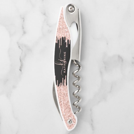 Girly Glam Black Rose Gold Glitzer Tropfens Monogr Kellnermesser (Rückseite)