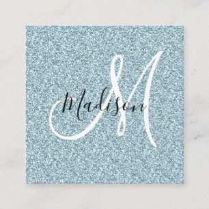 Girly & Glam Blau Silber Glitter Funkeln Monogramm Quadratische Visitenkarte
