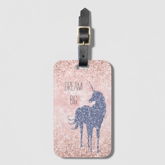 Girly Glam Blush Pink Lila Einhorn Glitzer Gepäckanhänger (Vorderseite Vertikal)