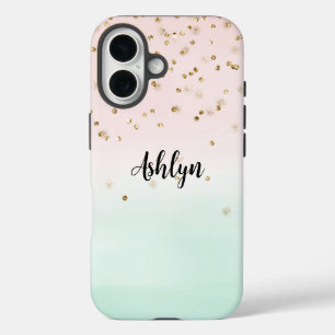 Girly Glam Blush Pink Mint Gold Sparkle Confetti iPhone 16 Hülle