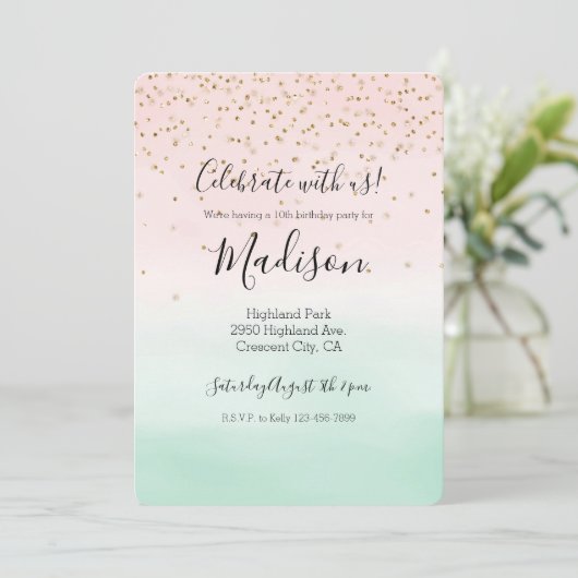 Girly Glam Blush Pink Mint Gold Sparkle Confetti Einladung (Stehend Vorderseite)