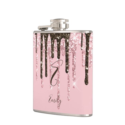 Girly Glam Chic Pink Glitzern Modern Monogram Flachmann (Links)