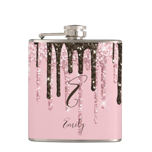 Girly Glam Chic Pink Glitzern Modern Monogram Flachmann (Vorderseite)