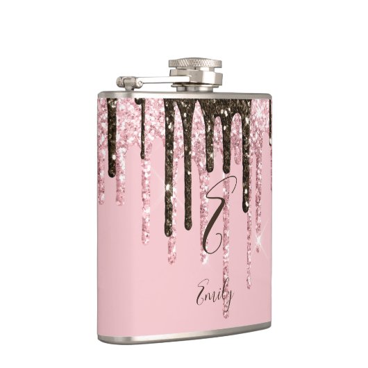 Girly Glam Chic Pink Glitzern Modern Monogram Flachmann (Rechts)