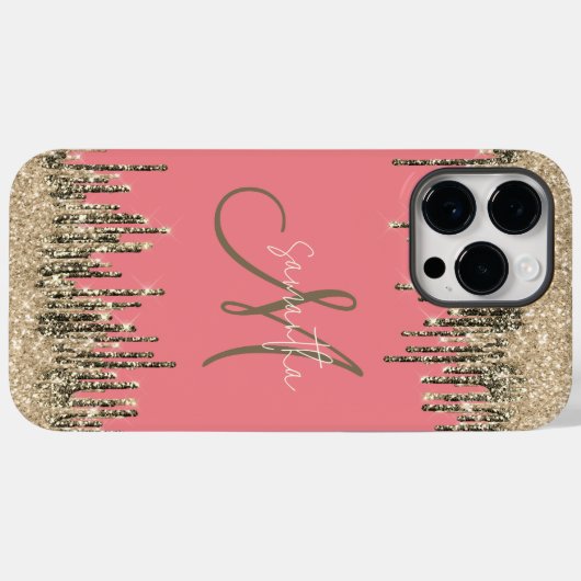 Girly Glam Glittery Pink & Golden Monogram Case-Mate iPhone Hülle (Rückseite (Horizontal))