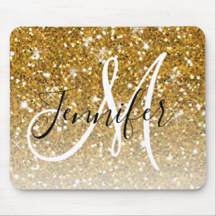 Girly Glam Gold Glitter Sparkles Monogram Name Mousepad