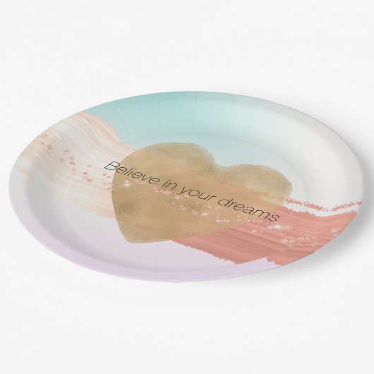 Girly Glam Gold Herzstück Peach Blush Gefärbte Kra Pappteller (Schrägansicht)