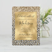 Girly Glam Gold Leopard Print Glitzer funkeln Einladung (Stehend Vorderseite)