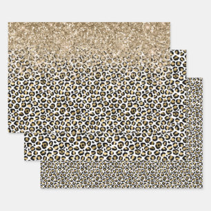 Girly Glam Gold Leopard Print Glitzer funkeln Geschenkpapier Set