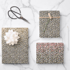 Girly Glam Gold Leopard Print Glitzer funkeln Geschenkpapier Set