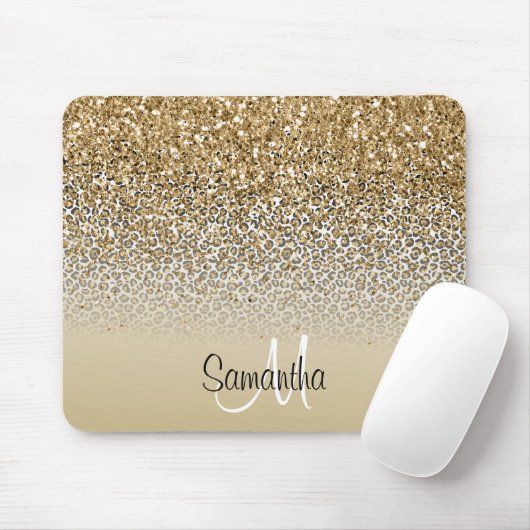 Girly Glam Gold Leopard Print Glitzer Monogram Mousepad (Mit Mouse)