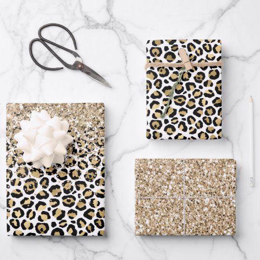 Girly Glam Gold Leopard Print Glitzer Sparkone Geschenkpapier Set (Vorderseite)
