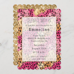 Girly Glam Gold Pink Leopard Einladung