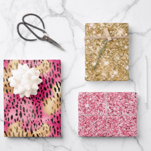 Girly Glam Gold Pink Leopard Geschenkpapier Set