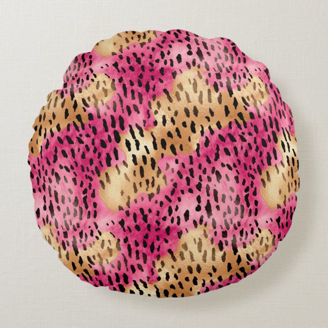 Girly Glam Gold Pink Leopard Rundes Kissen (Vorderseite)