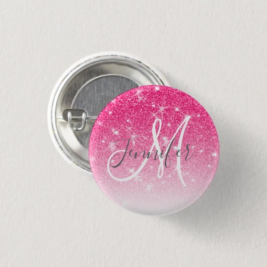 Girly Glam Hot Pink Glitzer Glitzern Monogram Name Button (Vorne & Hinten)