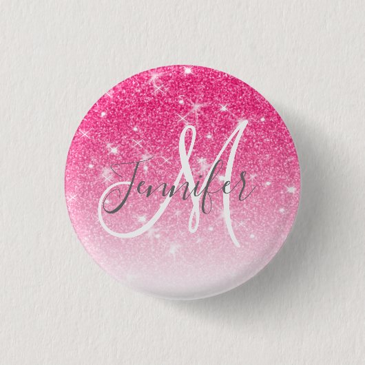 Girly Glam Hot Pink Glitzer Glitzern Monogram Name Button (Vorderseite)
