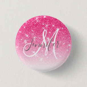 Girly Glam Hot Pink Glitzer Glitzern Monogram Name Button