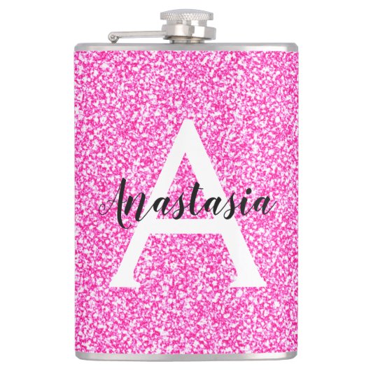 Girly Glam Hot Pink Glitzer Glitzern Monogram Name Flachmann (Vorderseite)