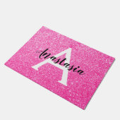 Girly Glam Hot Pink Glitzer Glitzern Monogram Name Fußmatte (Schrägansicht)