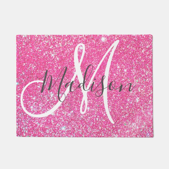 Girly Glam Hot Pink Glitzer Glitzern Monogram Name Fußmatte (Vorderseite)
