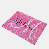 Girly Glam Hot Pink Glitzer Glitzern Monogram Name Fußmatte (Schrägansicht)