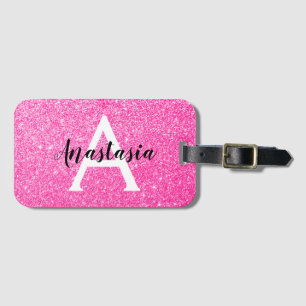 Girly Glam Hot Pink Glitzer Glitzern Monogram Name Gepäckanhänger