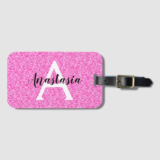 Girly Glam Hot Pink Glitzer Glitzern Monogram Name Gepäckanhänger (Vorderseite (Horizontal))