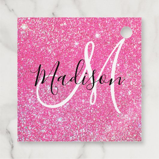 Girly Glam Hot Pink Glitzer Glitzern Monogram Name Geschenkanhänger (Rückseite)