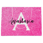 Girly Glam Hot Pink Glitzer Glitzern Monogram Name Große Geschenktüte (Vorderseite)