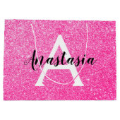 Girly Glam Hot Pink Glitzer Glitzern Monogram Name Große Geschenktüte (Rückseite)