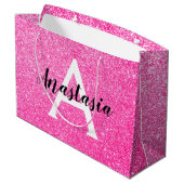 Girly Glam Hot Pink Glitzer Glitzern Monogram Name Große Geschenktüte (Rückseite Schrägansicht)
