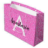 Girly Glam Hot Pink Glitzer Glitzern Monogram Name Große Geschenktüte (Rückseite Schrägansicht)
