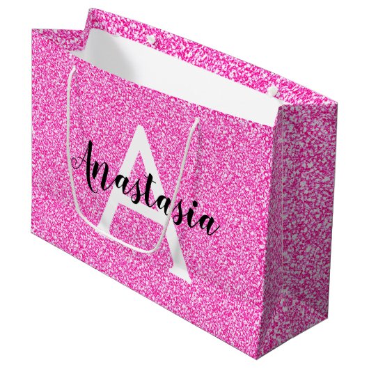 Girly Glam Hot Pink Glitzer Glitzern Monogram Name Große Geschenktüte (Vorderseite Schrägansicht)