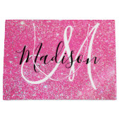 Girly Glam Hot Pink Glitzer Glitzern Monogram Name Große Geschenktüte (Vorderseite)