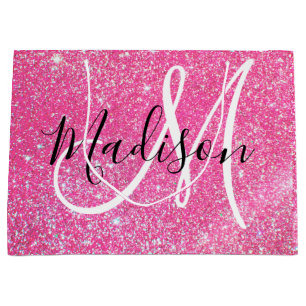 Girly Glam Hot Pink Glitzer Glitzern Monogram Name Große Geschenktüte