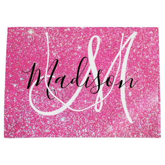 Girly Glam Hot Pink Glitzer Glitzern Monogram Name Große Geschenktüte (Vorderseite)