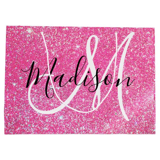 Girly Glam Hot Pink Glitzer Glitzern Monogram Name Große Geschenktüte (Rückseite)