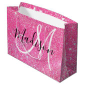 Girly Glam Hot Pink Glitzer Glitzern Monogram Name Große Geschenktüte (Rückseite Schrägansicht)