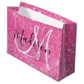 Girly Glam Hot Pink Glitzer Glitzern Monogram Name Große Geschenktüte (Vorderseite Schrägansicht)