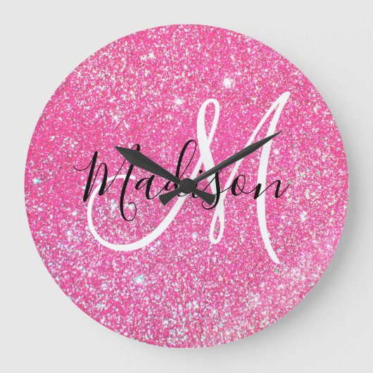 Girly Glam Hot Pink Glitzer Glitzern Monogram Name Große Wanduhr (Vorderseite)