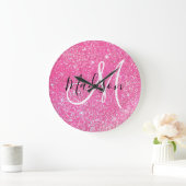 Girly Glam Hot Pink Glitzer Glitzern Monogram Name Große Wanduhr (Zuhause)