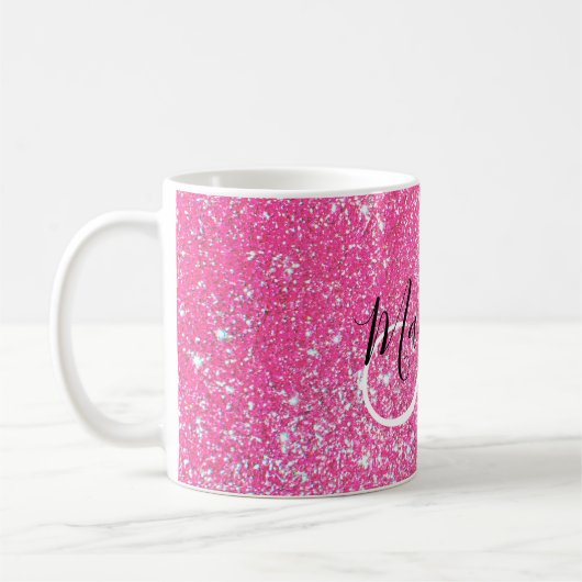 Girly Glam Hot Pink Glitzer Glitzern Monogram Name Kaffeetasse (Links)