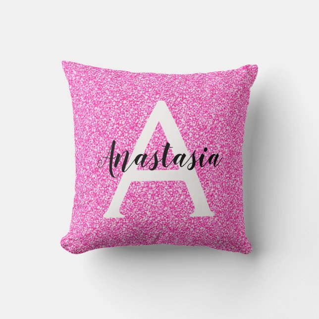 Girly Glam Hot Pink Glitzer Glitzern Monogram Name Kissen (Vorderseite)