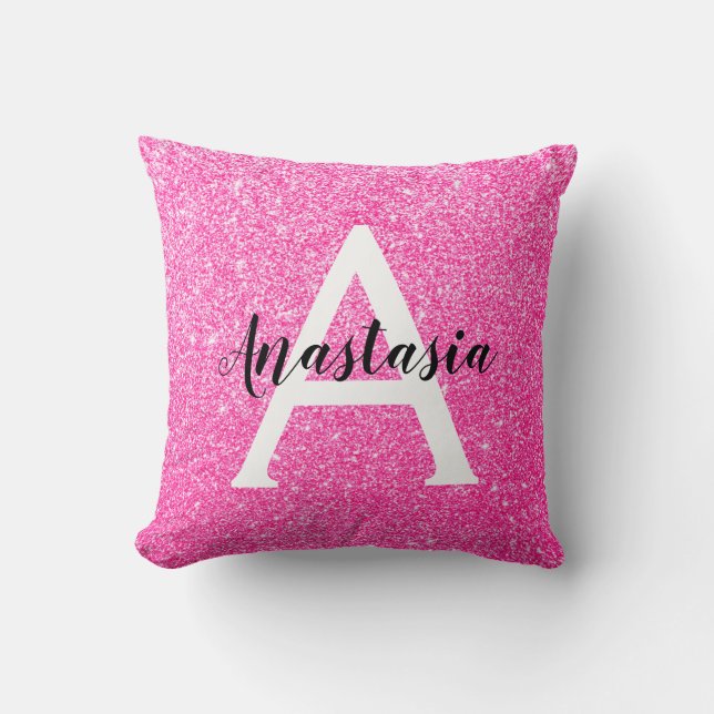 Girly Glam Hot Pink Glitzer Glitzern Monogram Name Kissen (Vorderseite)